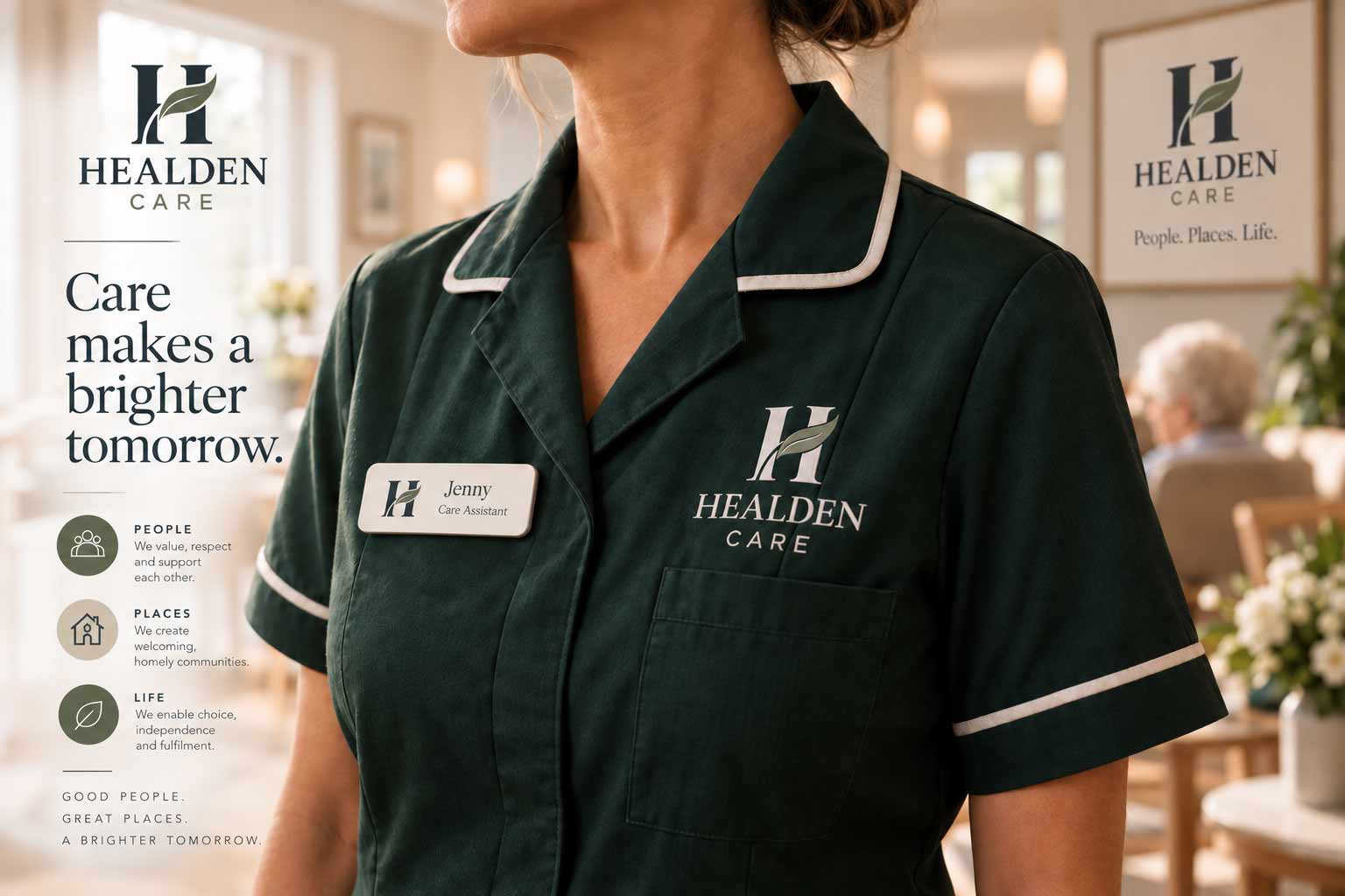 Healden Care uniform and small-scale logo application