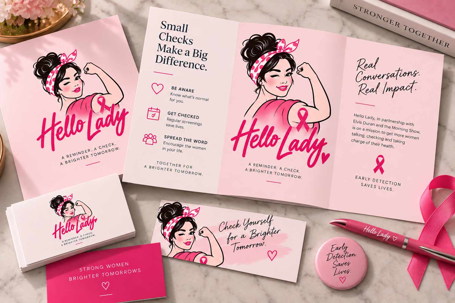 Hello Lady print and awareness collateral
